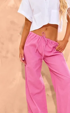 Hot Pink Structured Linen Look Drawstring Elasticated Pants