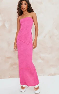 Discount PrettyLittleThing Textured Asymmetric Hem Longline Split Hem Bandeau Hot Pink