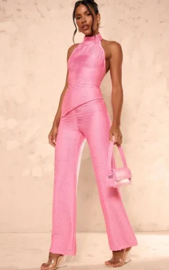 PrettyLittleThing Textured Jersey Halterneck Asymmetric Hem Longline Top Hot Pink