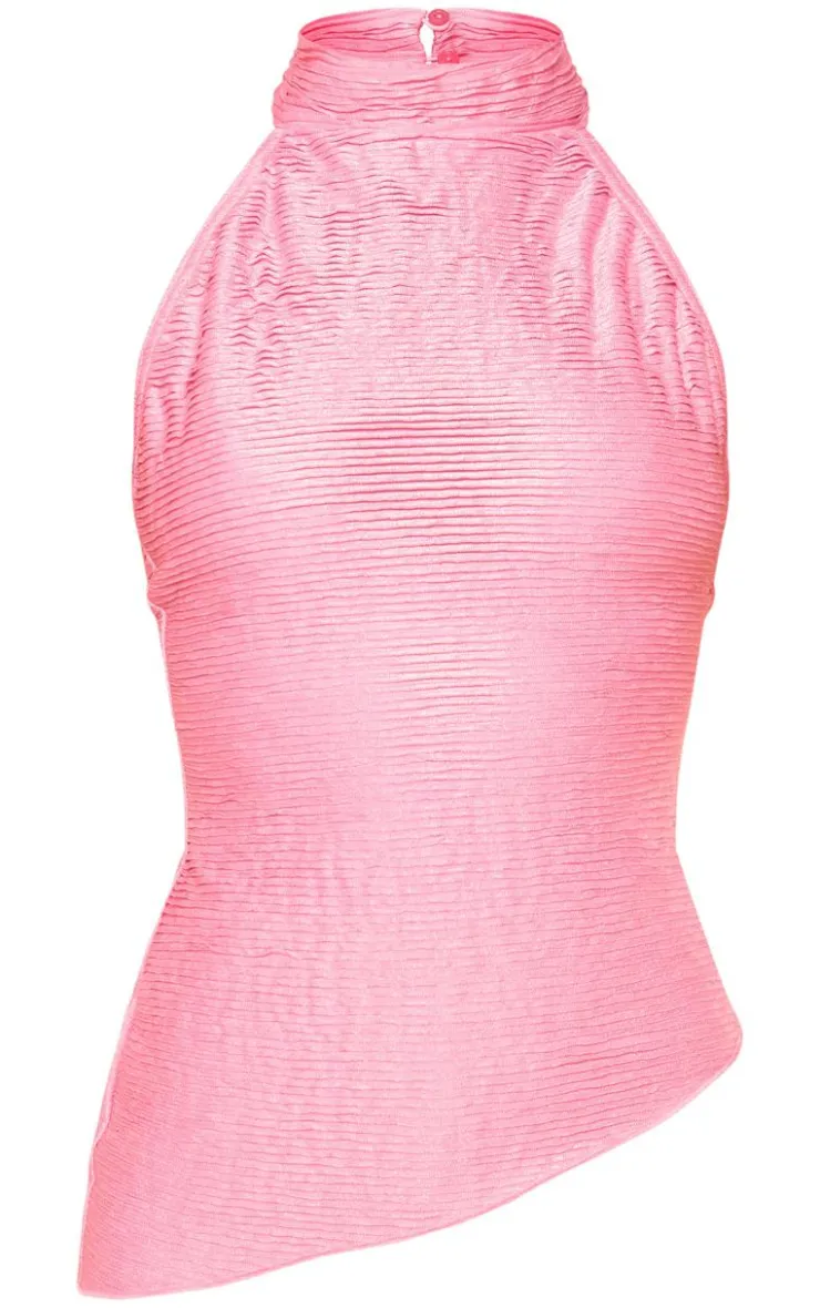 PrettyLittleThing Textured Jersey Halterneck Asymmetric Hem Longline Top Hot Pink