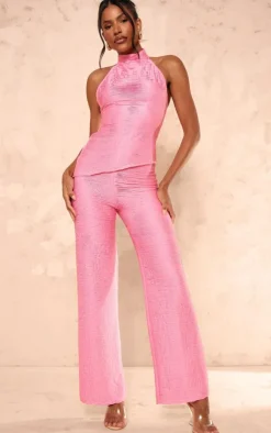 Sale PrettyLittleThing Textured Jersey Mid Rise Wide Leg Pants Hot Pink