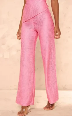 Sale PrettyLittleThing Textured Jersey Mid Rise Wide Leg Pants Hot Pink