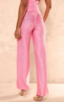 Sale PrettyLittleThing Textured Jersey Mid Rise Wide Leg Pants Hot Pink