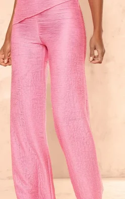 Sale PrettyLittleThing Textured Jersey Mid Rise Wide Leg Pants Hot Pink