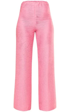 Sale PrettyLittleThing Textured Jersey Mid Rise Wide Leg Pants Hot Pink