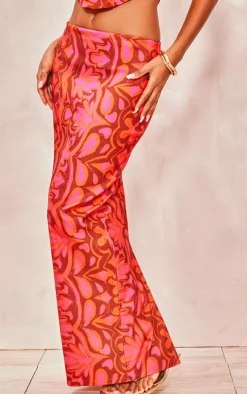 New PrettyLittleThing Tile Print Stretch Woven Low Rise Midaxi Skirt Hot Pink