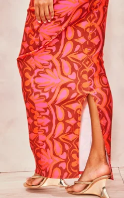 New PrettyLittleThing Tile Print Stretch Woven Low Rise Midaxi Skirt Hot Pink