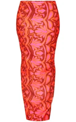 New PrettyLittleThing Tile Print Stretch Woven Low Rise Midaxi Skirt Hot Pink