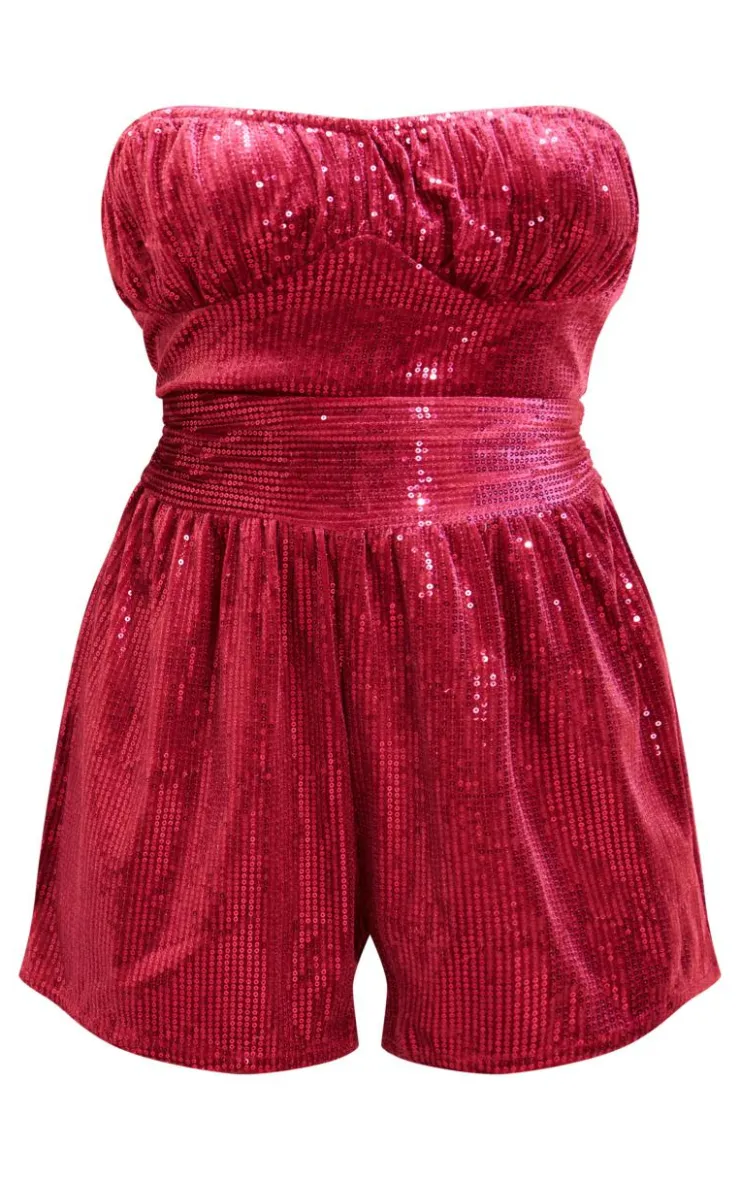 Velvet Sequin Bandeau Ruched Bust Romper-PrettyLittleThing New