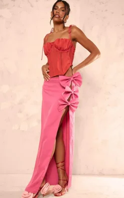 Hot Pink Woven Bow Thigh Detail Maxi Skirt