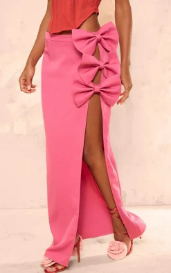 Hot Pink Woven Bow Thigh Detail Maxi Skirt