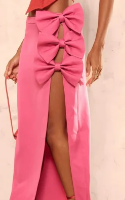 Hot Pink Woven Bow Thigh Detail Maxi Skirt