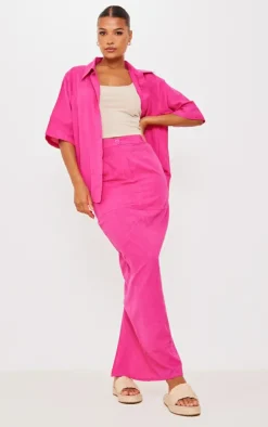 New PrettyLittleThing Woven High Waist Split Hem Midi Skirt Hot Pink