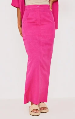 New PrettyLittleThing Woven High Waist Split Hem Midi Skirt Hot Pink
