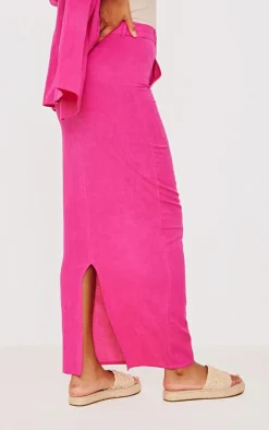 New PrettyLittleThing Woven High Waist Split Hem Midi Skirt Hot Pink