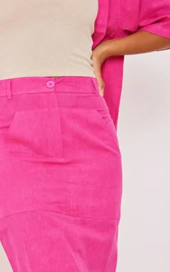 New PrettyLittleThing Woven High Waist Split Hem Midi Skirt Hot Pink