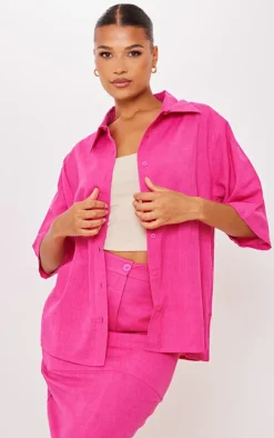 PrettyLittleThing Woven Oversized Boxy Short Sleeve Shirt Hot Pink