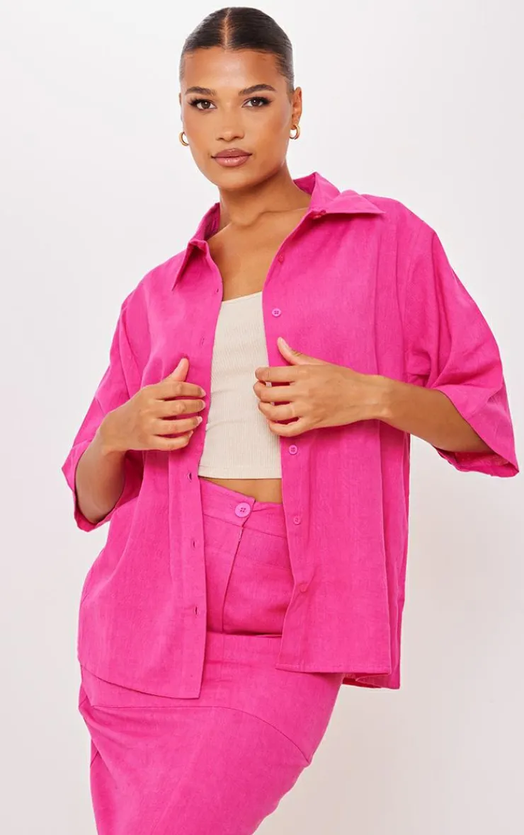 PrettyLittleThing Woven Oversized Boxy Short Sleeve Shirt Hot Pink