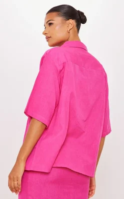 PrettyLittleThing Woven Oversized Boxy Short Sleeve Shirt Hot Pink