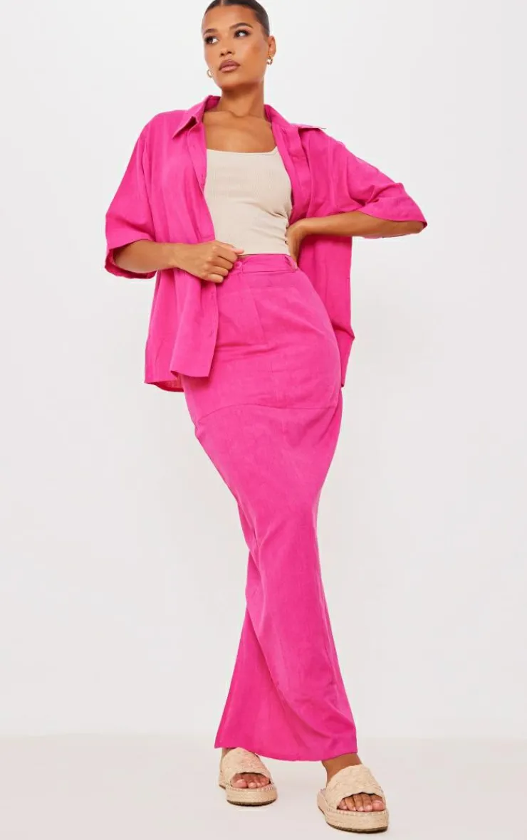 PrettyLittleThing Woven Oversized Boxy Short Sleeve Shirt Hot Pink