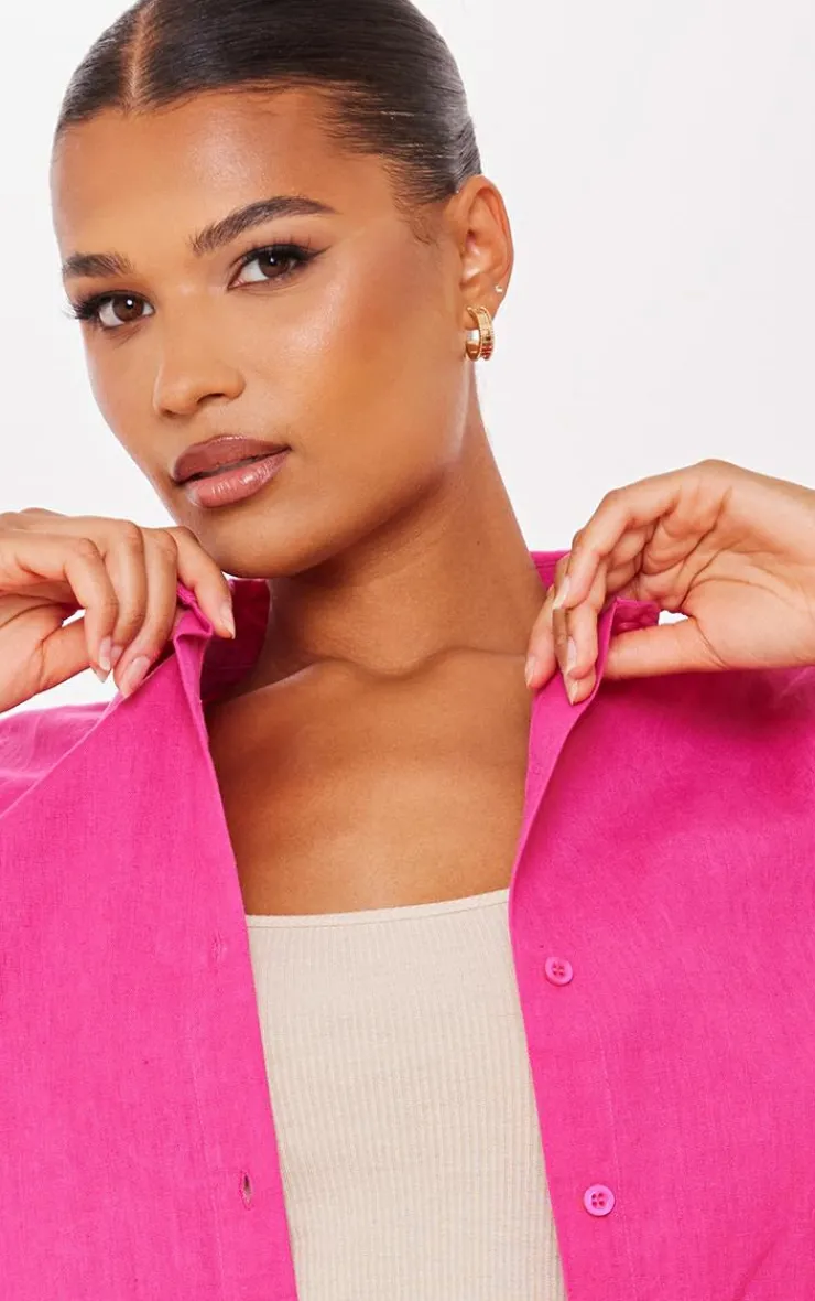 PrettyLittleThing Woven Oversized Boxy Short Sleeve Shirt Hot Pink