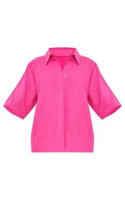 PrettyLittleThing Woven Oversized Boxy Short Sleeve Shirt Hot Pink