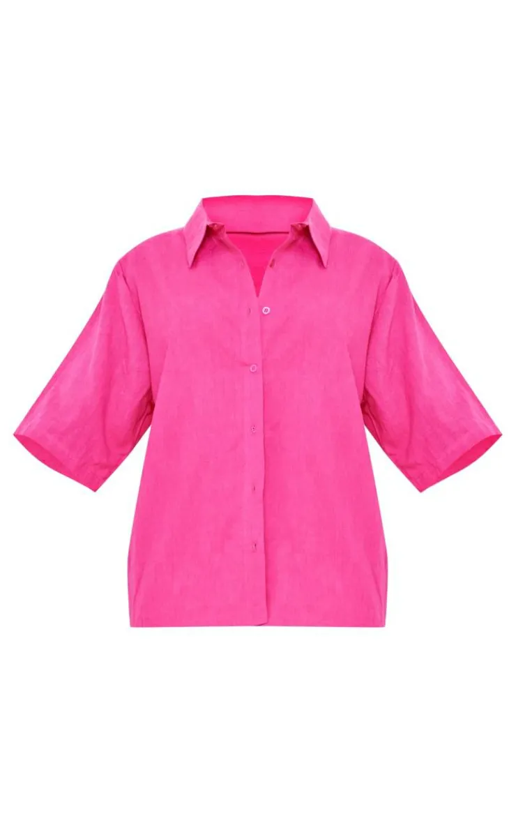 PrettyLittleThing Woven Oversized Boxy Short Sleeve Shirt Hot Pink