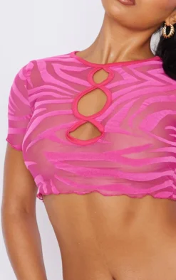 Best PrettyLittleThing Zebra Devore Cut Out Front Short Sleeve Crop Top Hot Pink