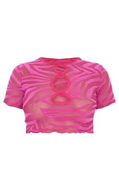 Best PrettyLittleThing Zebra Devore Cut Out Front Short Sleeve Crop Top Hot Pink