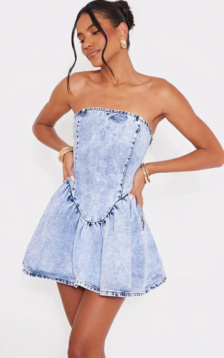 Lace Up Corset Style Back Denim Puffball Dress-PrettyLittleThing Outlet