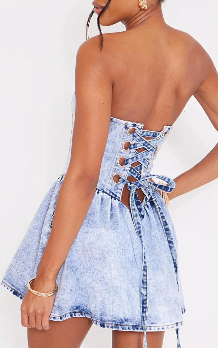 Lace Up Corset Style Back Denim Puffball Dress-PrettyLittleThing Outlet