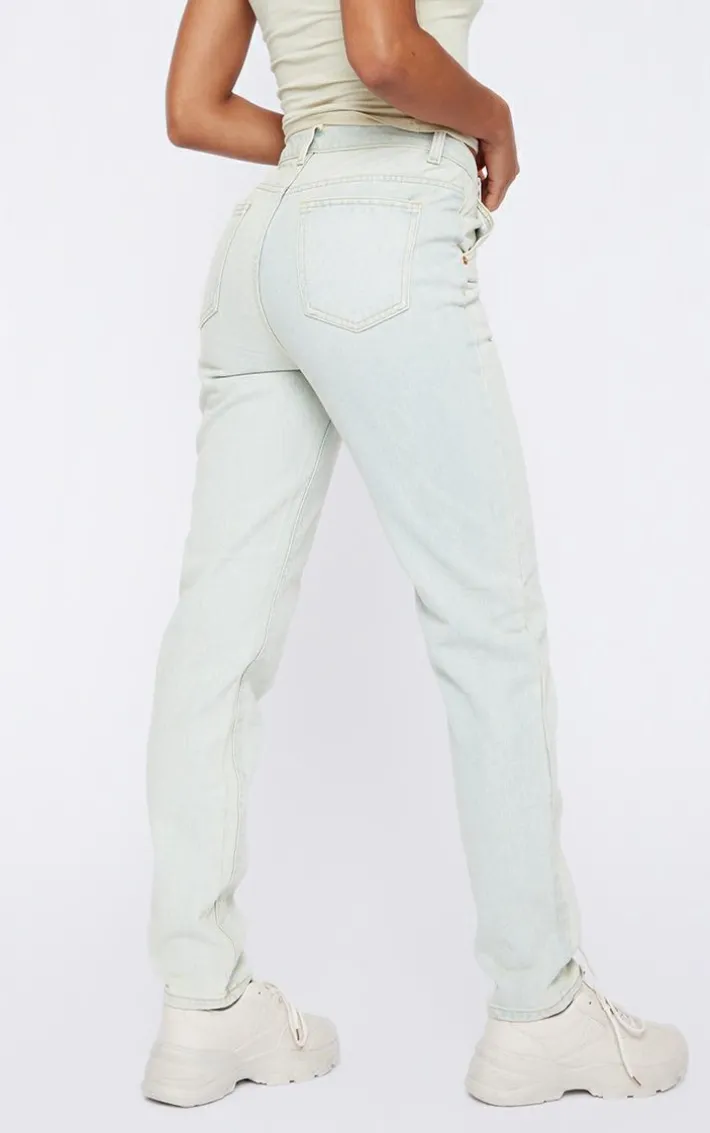 Ice Blue Vintage Wash Asymmetric Waistband Long Straight Leg Jeans