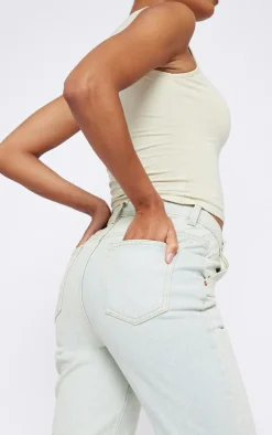 Ice Blue Vintage Wash Asymmetric Waistband Long Straight Leg Jeans