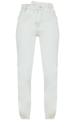 Ice Blue Vintage Wash Asymmetric Waistband Long Straight Leg Jeans