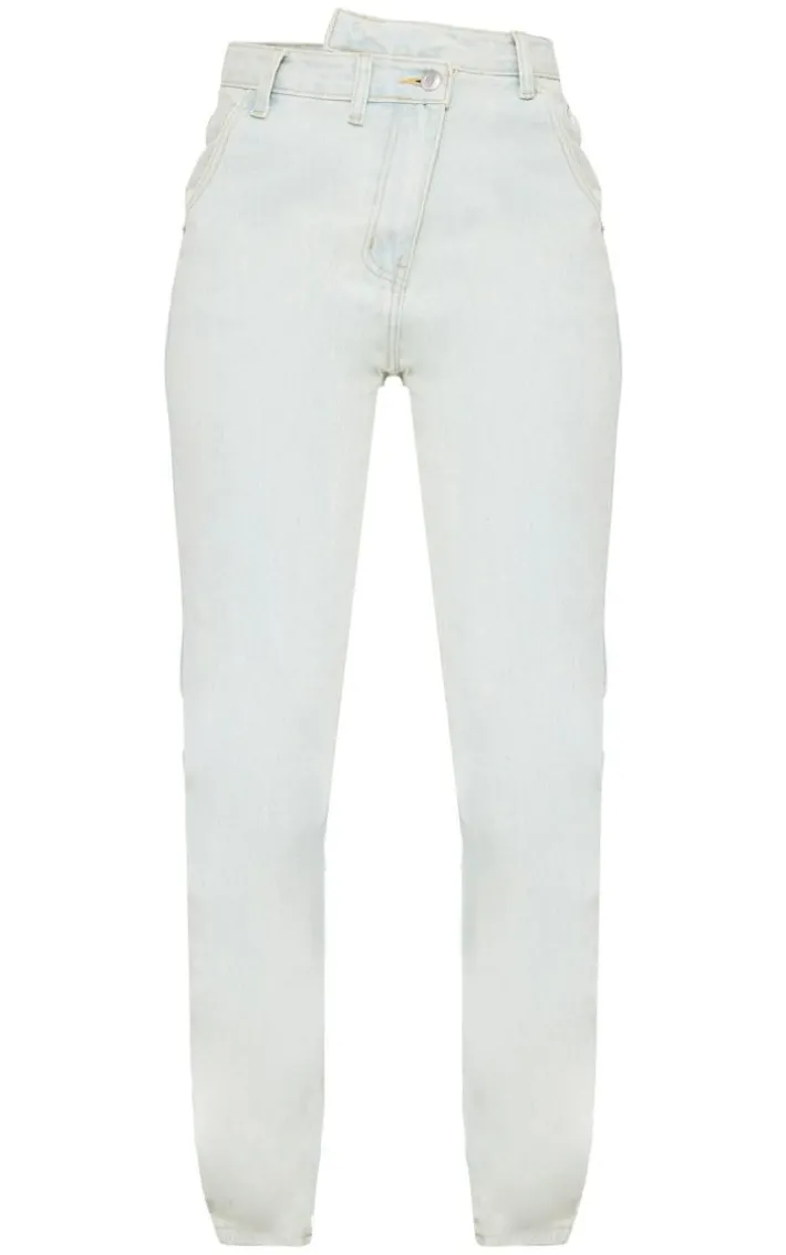 Ice Blue Vintage Wash Asymmetric Waistband Long Straight Leg Jeans