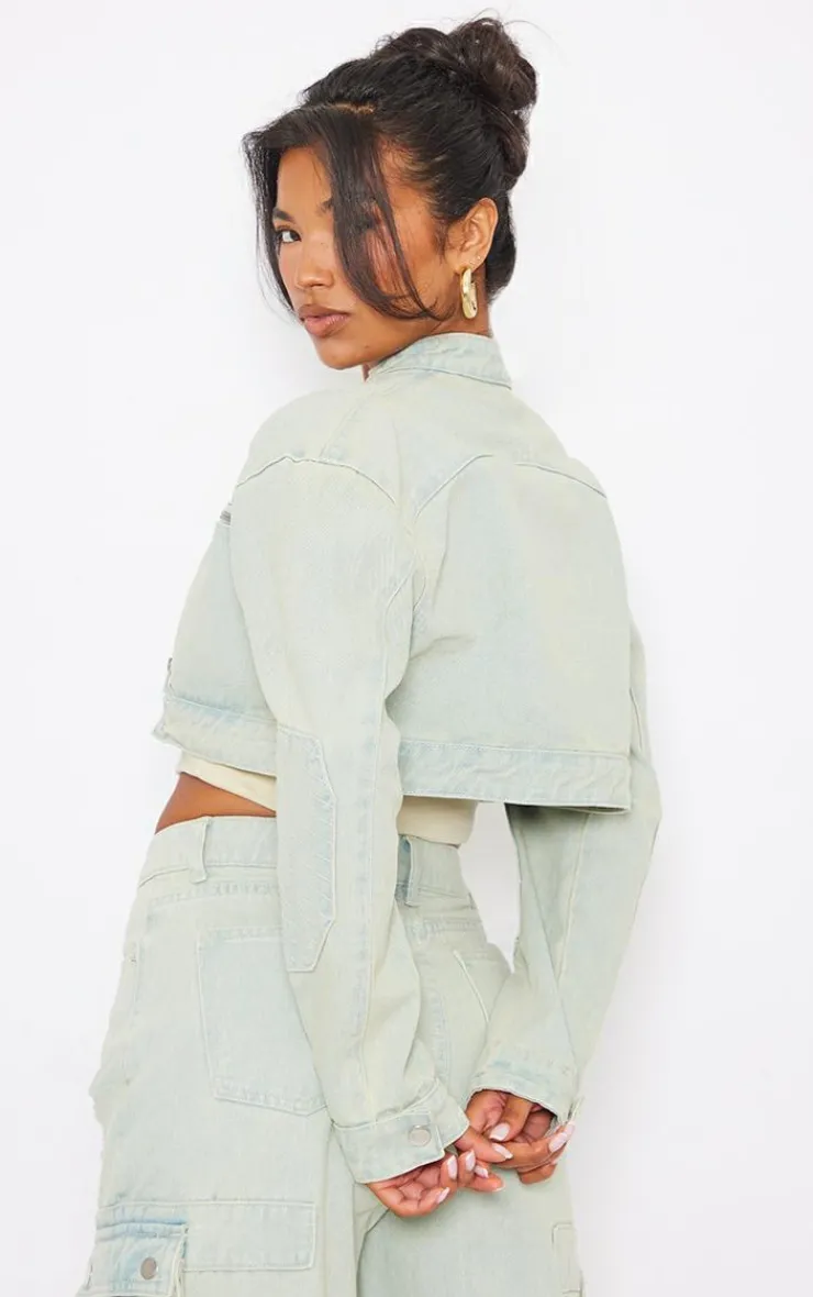 Sale PrettyLittleThing Vintage Wash Biker Detail Cropped Denim Jacket Ice Blue