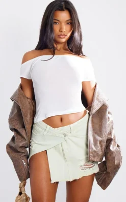 Best PrettyLittleThing Vintage Wash Distressed Cross Over Denim Mini Skirt Ice Blue