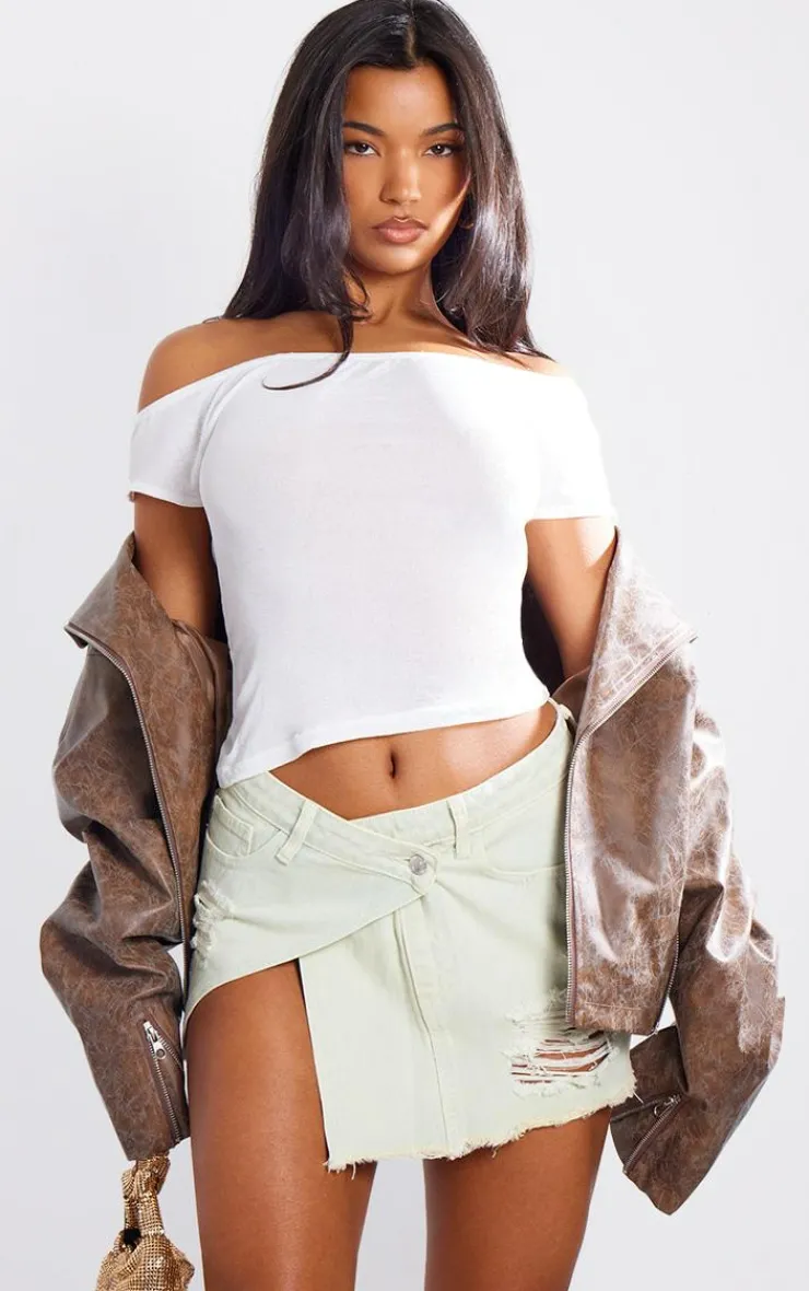 Best PrettyLittleThing Vintage Wash Distressed Cross Over Denim Mini Skirt Ice Blue