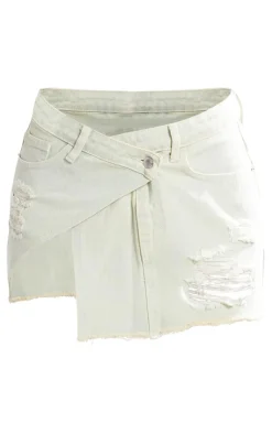 Best PrettyLittleThing Vintage Wash Distressed Cross Over Denim Mini Skirt Ice Blue