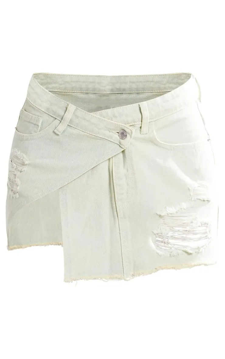 Best PrettyLittleThing Vintage Wash Distressed Cross Over Denim Mini Skirt Ice Blue