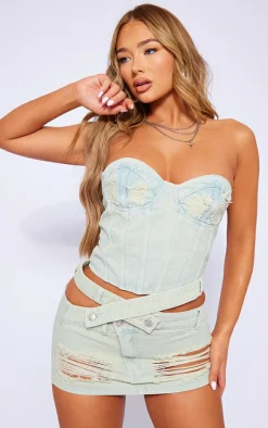 New PrettyLittleThing Ice Blue Wash Distressed Cut Out Waistband Denim Mini Skirt Light Blue