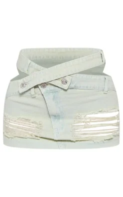 New PrettyLittleThing Ice Blue Wash Distressed Cut Out Waistband Denim Mini Skirt Light Blue