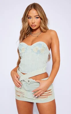 Sale PrettyLittleThing Wash Distressed Cup Denim Corset Top Ice Blue