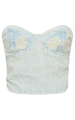 Sale PrettyLittleThing Wash Distressed Cup Denim Corset Top Ice Blue