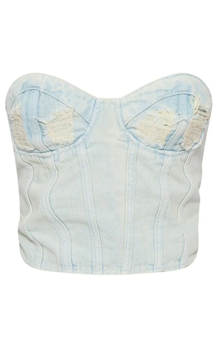 Sale PrettyLittleThing Wash Distressed Cup Denim Corset Top Ice Blue