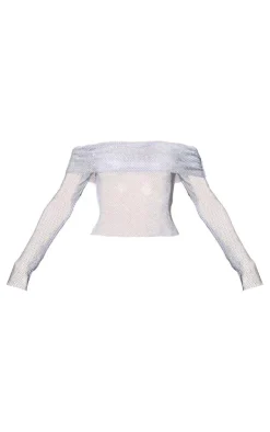 Bardot Fishnet Diamante Long Sleeve Top-PrettyLittleThing Discount