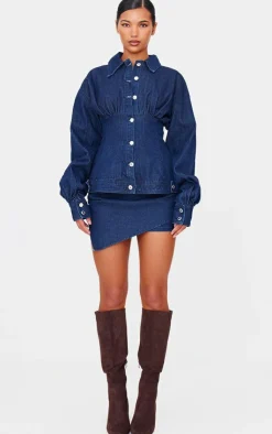 Sale PrettyLittleThing Asymmetric Layered Panel Denim Mini Skirt Indigo