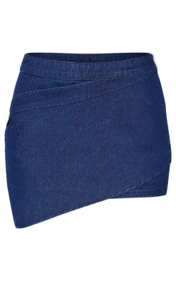 Sale PrettyLittleThing Asymmetric Layered Panel Denim Mini Skirt Indigo
