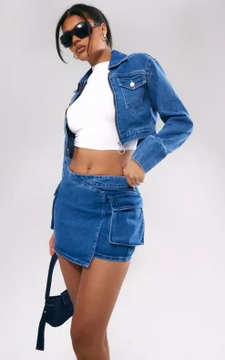 Indigo Blue Wash Cargo Pocket Crossover Denim Mini Skirt