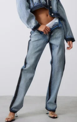 Online PrettyLittleThing Indigo Blue Wash Contrast Edge Washed Down Straight Leg Denim Jeans Washed Indigo